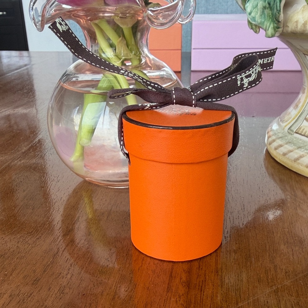 Hermes twilly Orange Round Box with Brown Ribbon (empty)